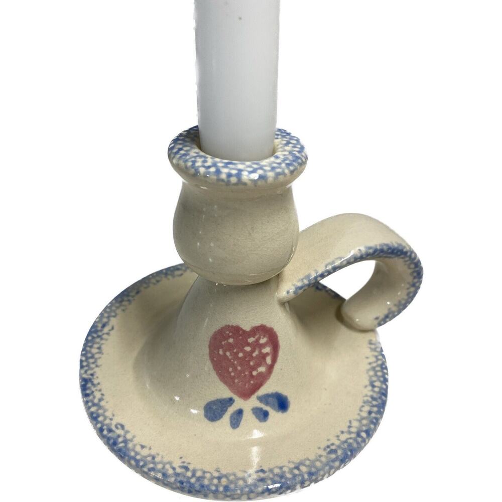 Vntg Pottery Spongeware Candlestick Holder Blue White Heart Finger Loop Country